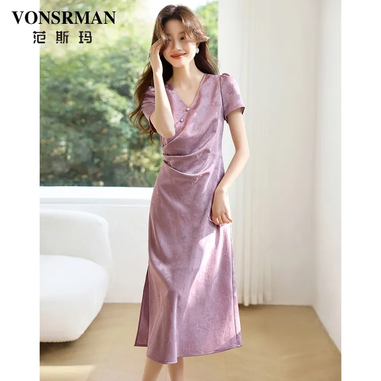 VONSRMAN新中式蝴蝶暗纹提花短袖连衣裙2025夏季新款气质连衣裙女