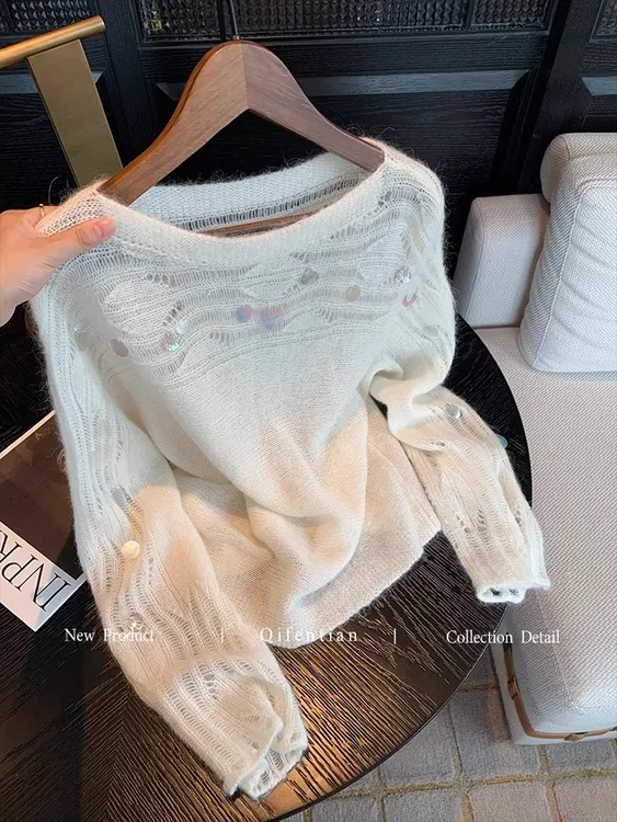 慵懒风镂空亮片圆领针织衫女2025秋季新款气质温柔风宽松软糯毛衣