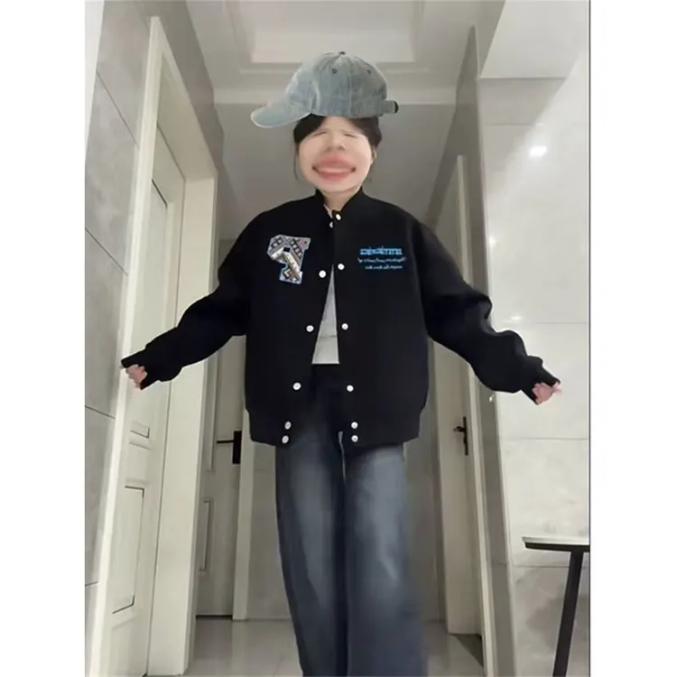 美式高街迷宫民族贴布字母刺绣棒球服女春秋设计感宽松情侣外套潮