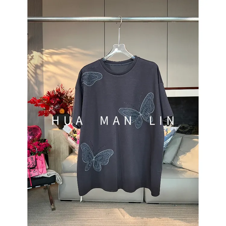 【花满林】圆领钉珠刺绣蝴蝶灰色短袖上衣265628