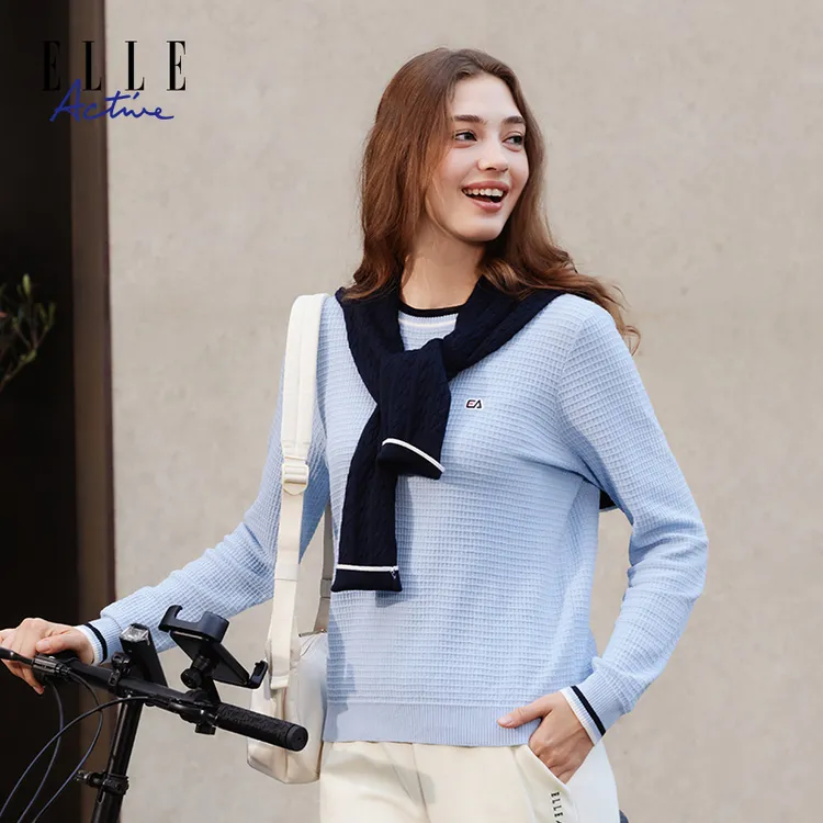 ELLE Active【华夫格提花】纯棉圆领针织衫女秋季新款毛衣百搭上衣