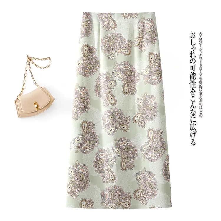 醋酸缎面印花半身裙女夏季2025新款高腰显瘦垂感中长款开叉包臀裙