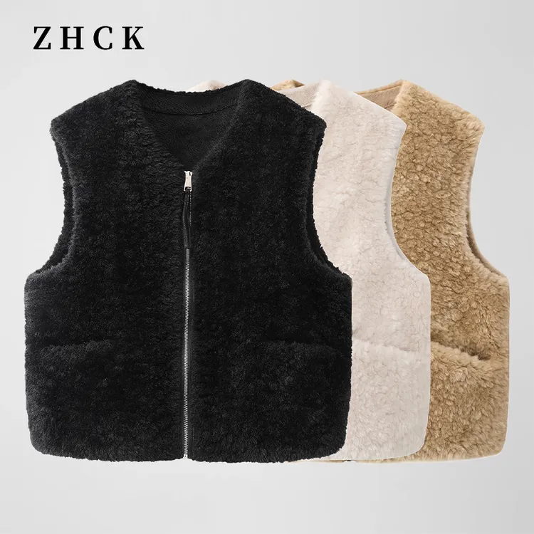 ZHCK时尚潮流百搭拉链毛马甲2025秋冬新款设计感纯色保暖加绒马夹