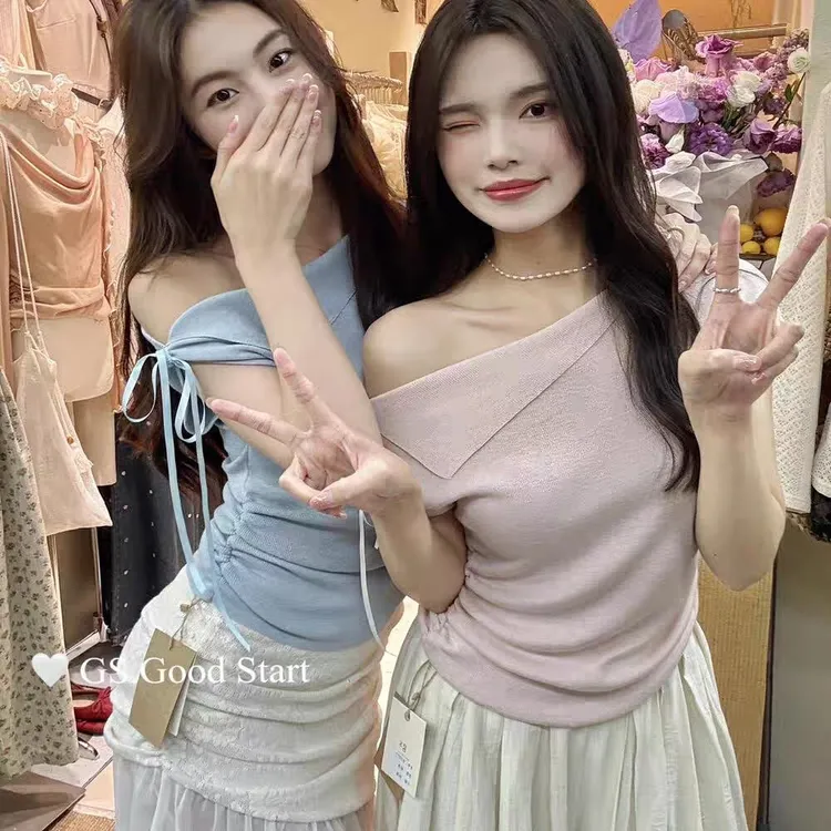 不规则绑带斜肩针织短袖t恤女夏季设计感小众纯欲辣妹一字肩上衣