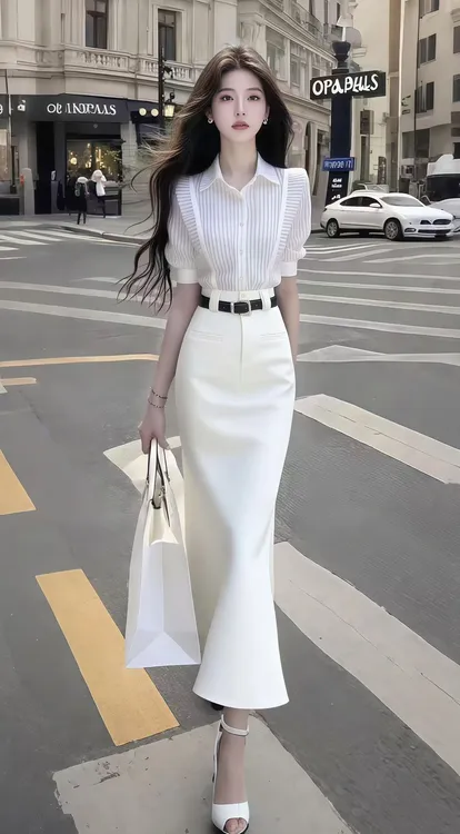 休闲通勤风白色条纹衬衫上衣+白色高腰显瘦长款半身裙时尚两件套