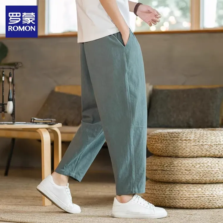 罗蒙男士亚麻休闲裤子2025年夏季新爆款透气潮流百搭九分裤子男款
