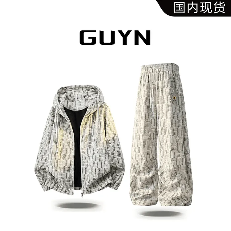 GUYN春秋季纹格连帽夹克套装男款痞帅高级感休闲小花直筒裤子男装