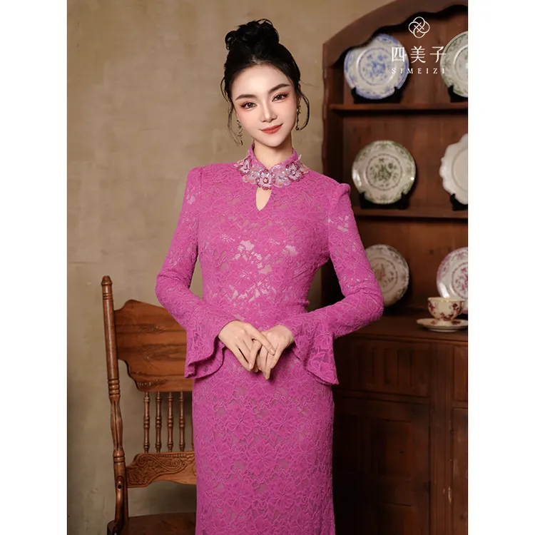 四美子【桃知窈窈】冬季新款新中式气质显瘦日常加厚蕾丝旗袍连衣裙