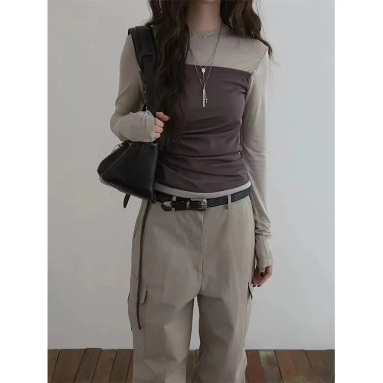 Miss sumeyY3993自制早秋新款假两件撞色收腰长袖T恤女上衣