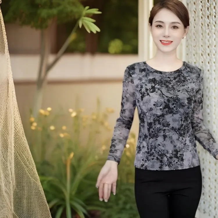 2025 年春夏新款印花网纱洋气长袖小衫百搭修身品瘦时尚气质C2165