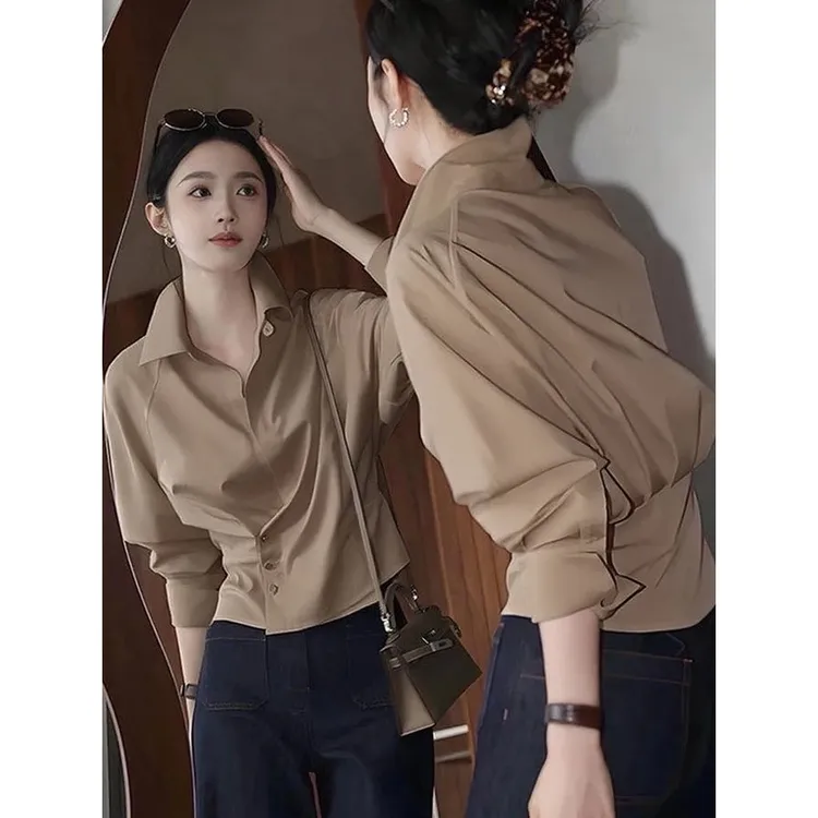 高级感复古咖色翻领长袖衬衫女秋季新款时髦洋气掐腰显瘦短款衬衣