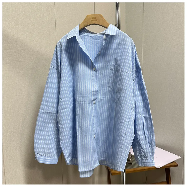 1C009  春季新款宽松翻领长袖女士休闲条纹衬衫 