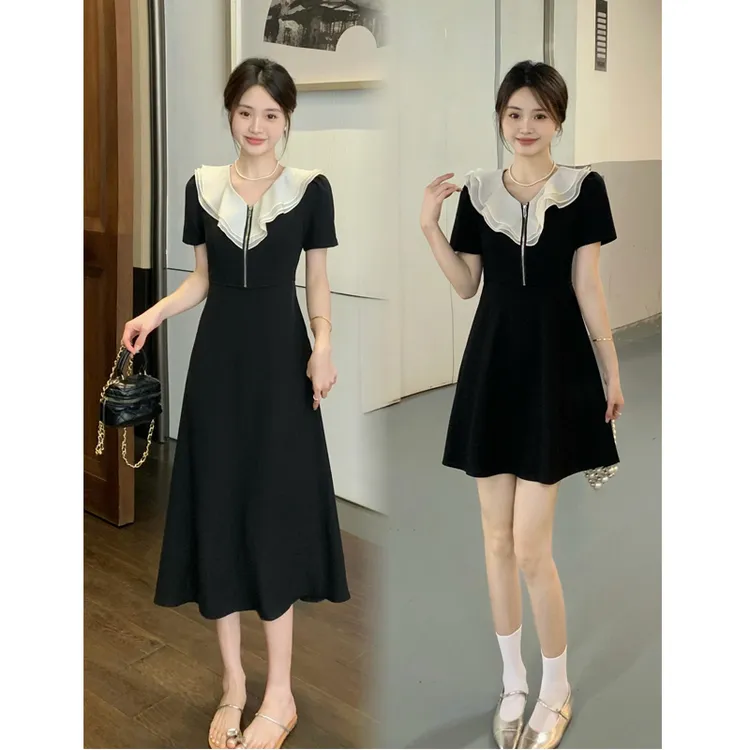 【实体爆版】大码初恋系气质法式甜美荷叶领高腰显瘦黑色连衣裙夏