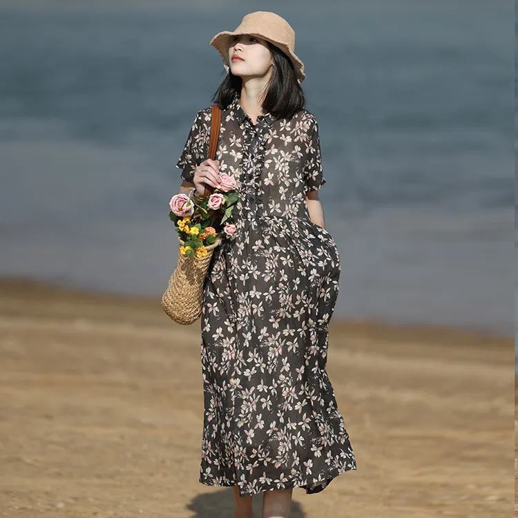 澳希美木耳边短袖印花纯苎麻裙子女装新款棉麻轻奢复古文艺连衣裙