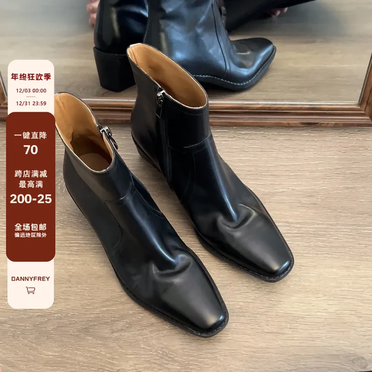 Dannyfrey水洗牛皮真皮短靴女粗跟小方头显瘦裸靴高跟及踝靴
