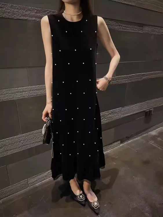 复古重工钉珠网纱拼接丝绒连衣裙女气质背心裙9121#