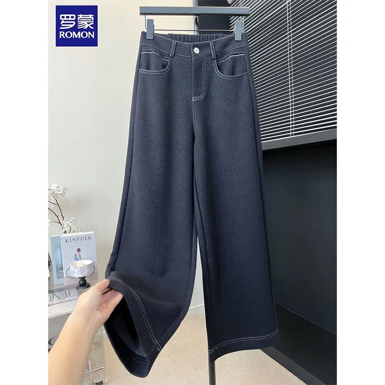 罗蒙妈妈加厚牛仔棉直筒裤女2025秋冬新款中老年显瘦休闲阔腿长裤