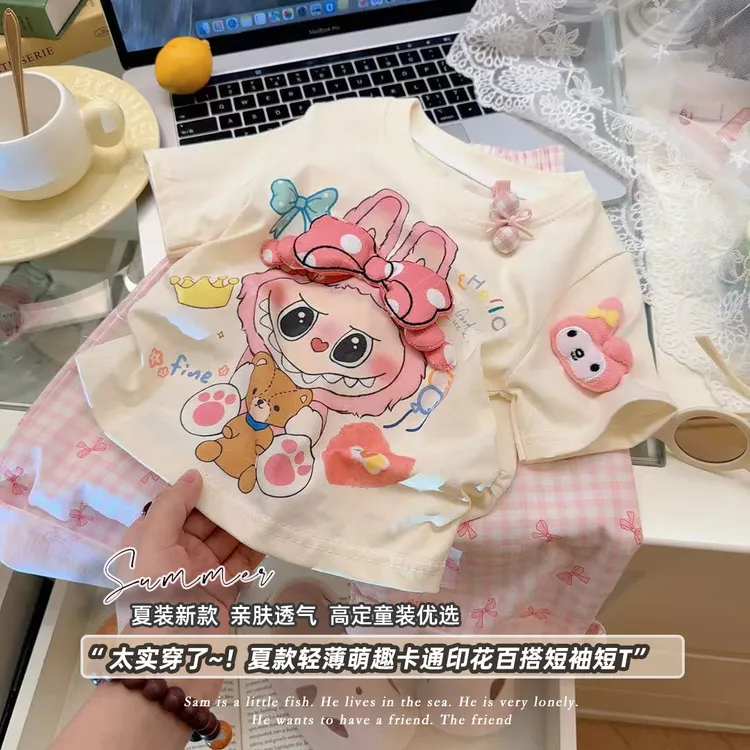 韩版童装夏季新款女童卡通纯棉短袖T恤儿童洋气百搭短款上衣