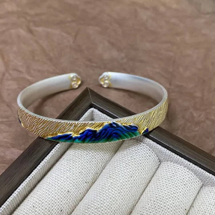 足银手镯 千里江山手镯百搭新中式国风山盟海誓珐琅彩描手环手饰