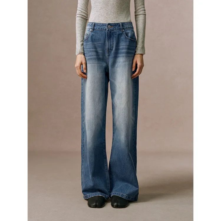 华吉言/HUAJIYAN【晴天】100棉水洗猫须大理石纹直筒牛仔长裤