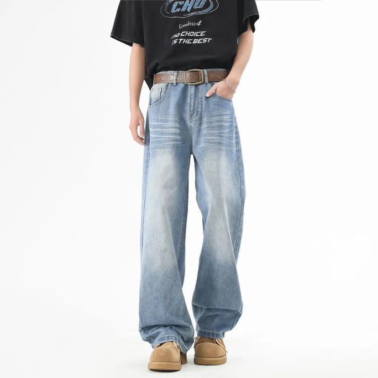 cleanfit春季猫须男宽松直筒美式潮牌水洗百搭休闲复古阔腿牛仔裤
