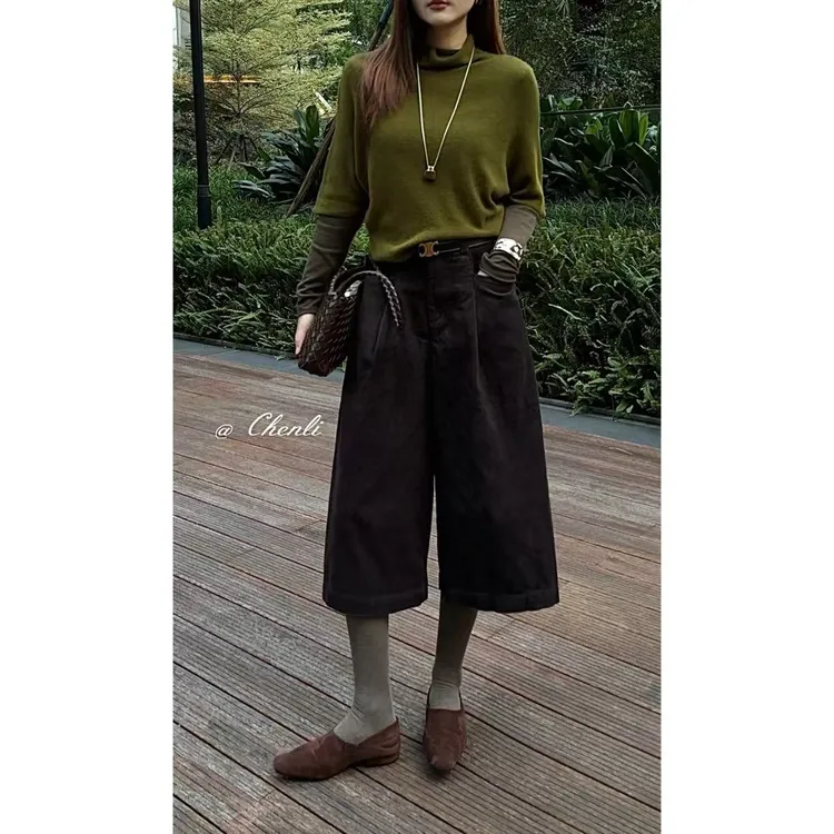 XiANJiE 2025秋季复古风高腰阔腿八分直筒休闲裤美拉德风格