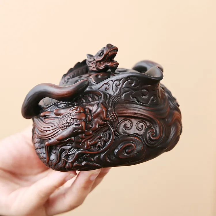 紫陶创意飞龙手抓壶大容量纯手工堆雕复古陶瓷旅行功夫茶具泡茶壶