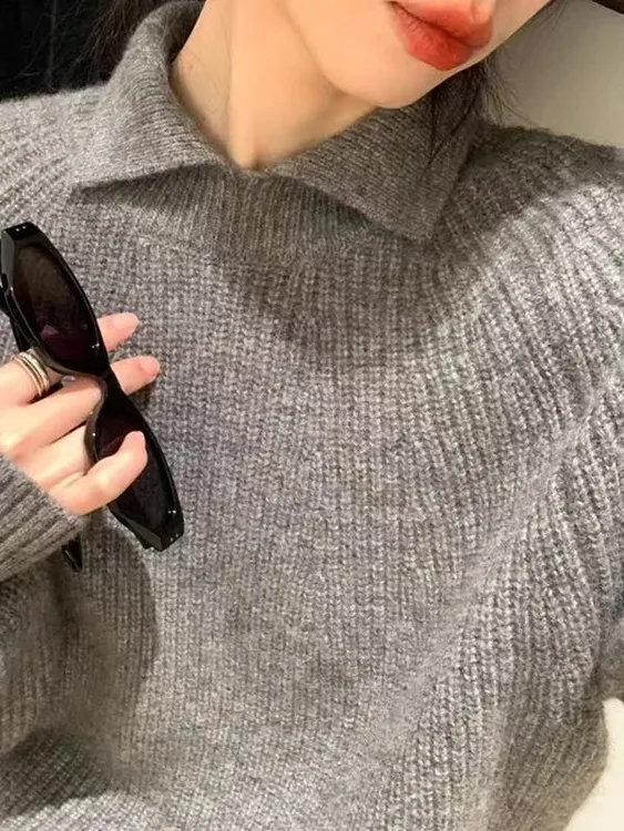 2025长袖针织短款休闲高领时尚宽松秋冬套头洋气翻领百搭加厚方领