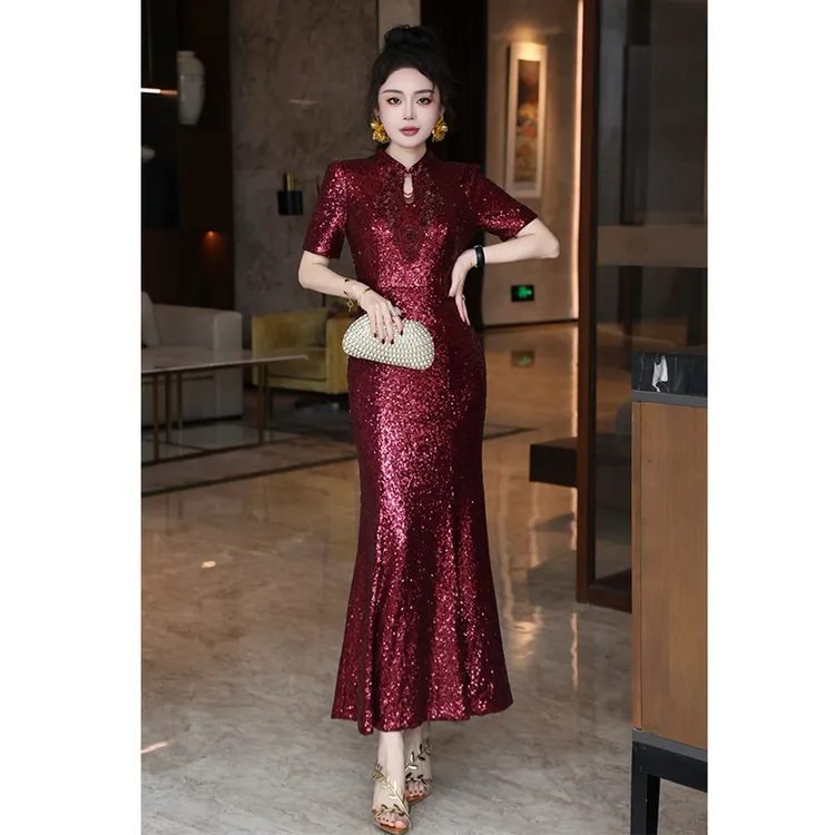 红色亮片订珠旗袍修身包臀鱼尾新款礼服裙婚礼宴会高端连衣裙女
