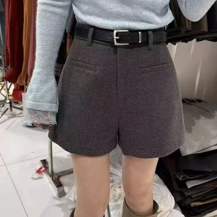 【送皮带】冬季加厚毛呢短裤女高腰显瘦A字阔腿短裤外穿靴裤