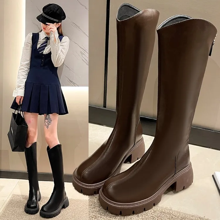 时装靴平口厚底长筒靴厚底春秋高筒靴时尚百搭小个子靴子女长筒靴