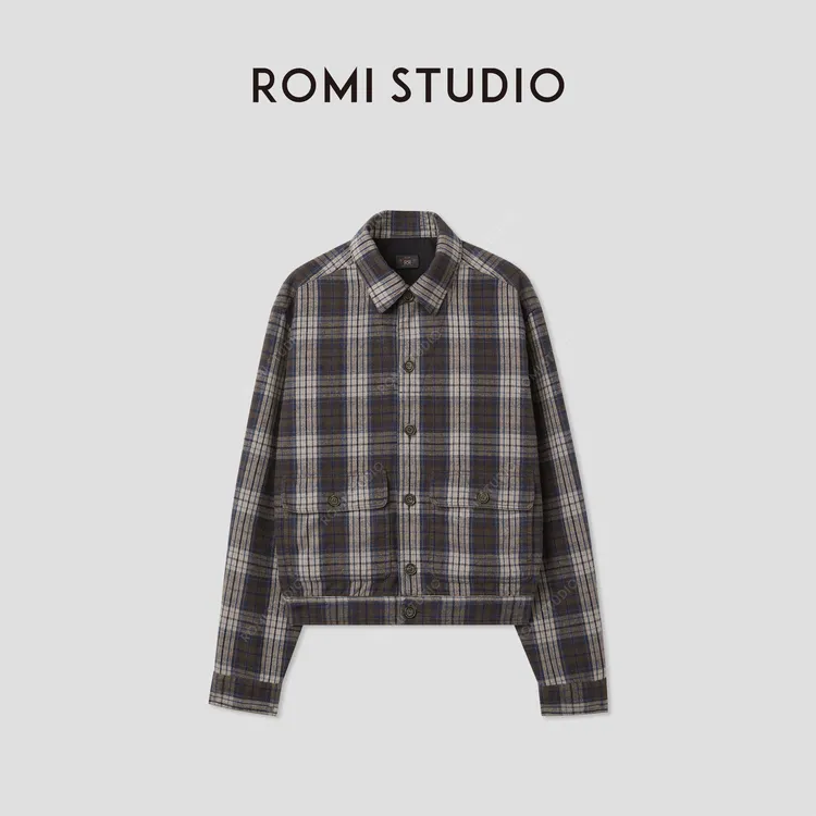 ROMI STUDIO“调性色彩”复古磨毛色织/蓝棕格子夹克外套RWCAWU5425