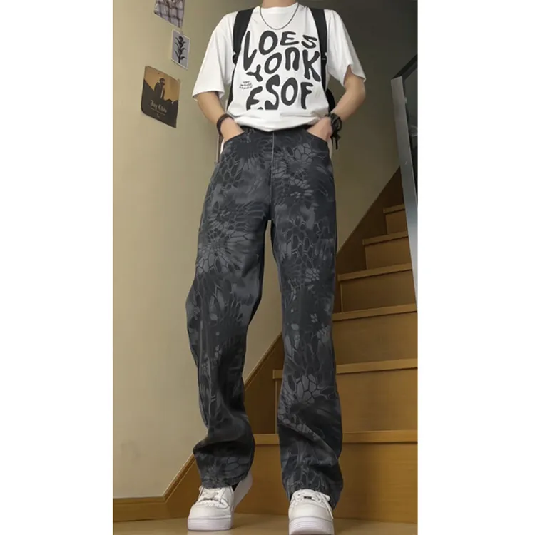 美式蛇纹迷彩牛仔裤男秋季高级感痞帅炸街裤子高街vibe弯刀直筒裤