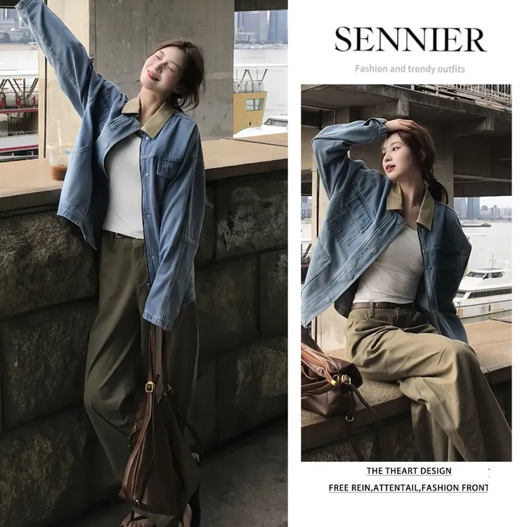 时尚穿搭女2025秋季新款韩版洋气宽松翻领外套高腰阔腿裤两件套