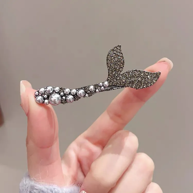 黑色高级感精致美人鱼尾发夹水钻边夹刘海夹子发饰头饰鸭嘴夹顶夹