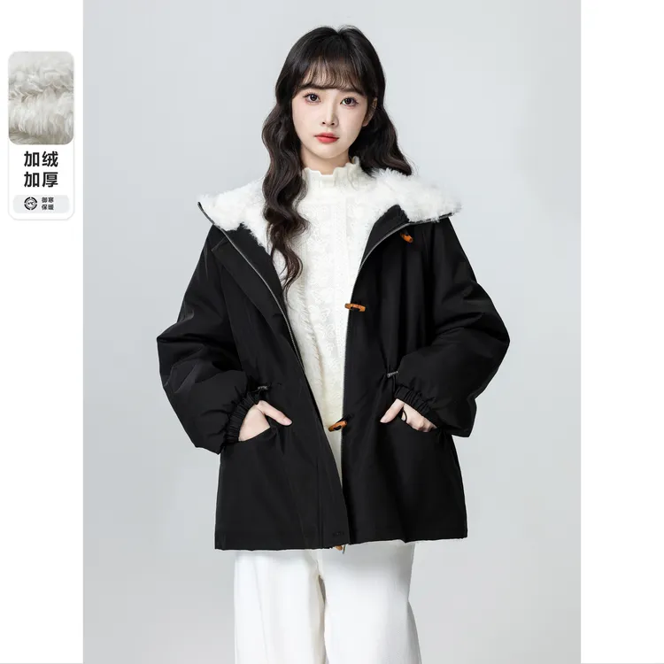 黑色毛领棉服外套女装冬2025冬季新款加绒加厚宽松派克服棉衣上衣