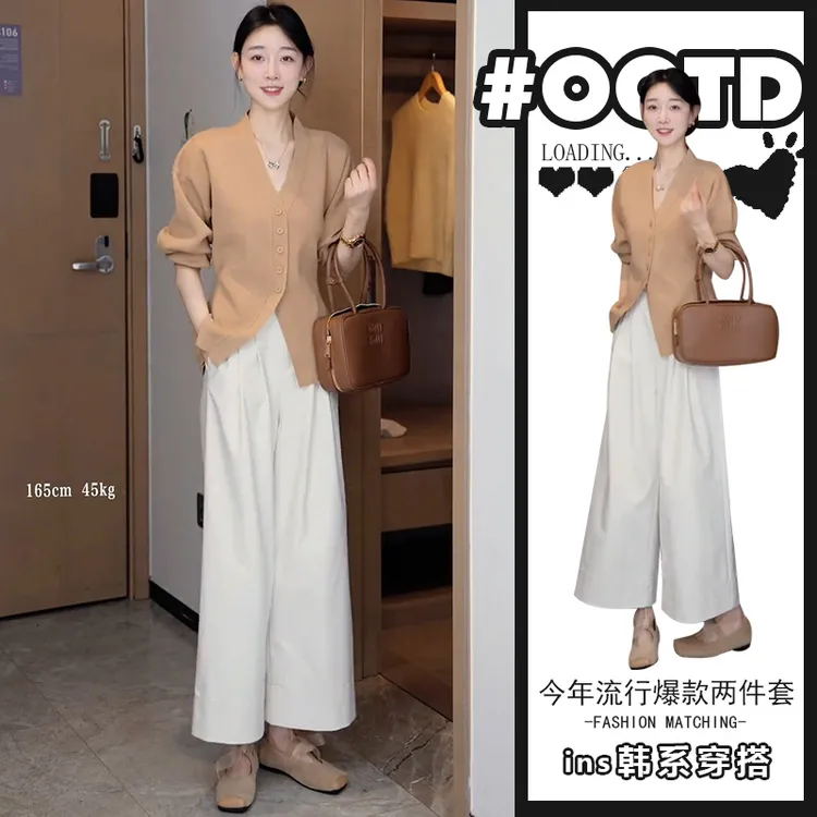 欧美纯欲显气质套装女时尚气质开衫v领上衣+高腰纯色洋气阔腿裤潮