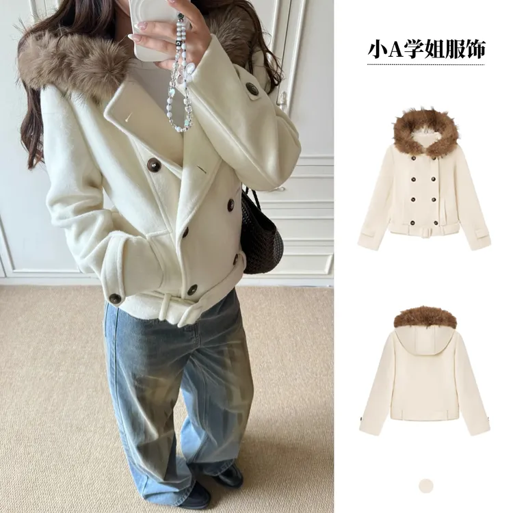 毛领双排扣短款毛呢咩咩毛大衣连帽外套女收腰秋冬款加厚百搭时尚