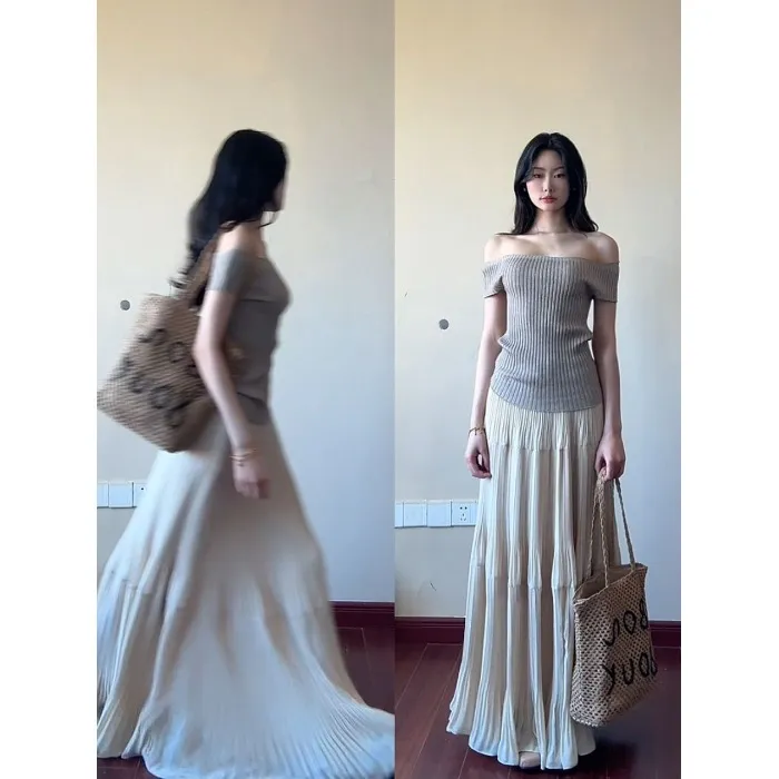 夏季针织纯欲性感一字肩韩系修身显瘦上衣宽松仙女风半身裙套装