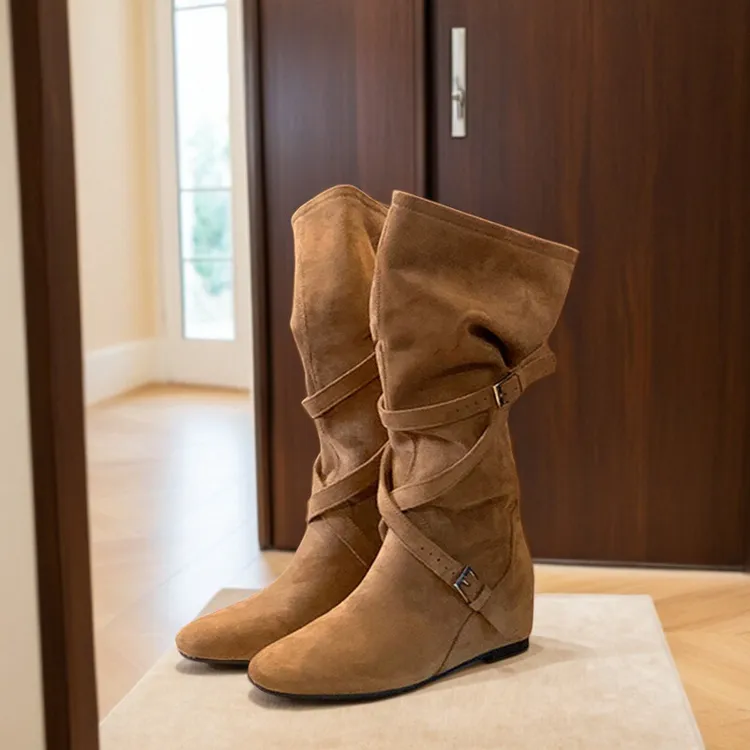 6CM内增高~软皮复古美拉德长筒靴女2025秋季新款堆堆靴显瘦骑士靴