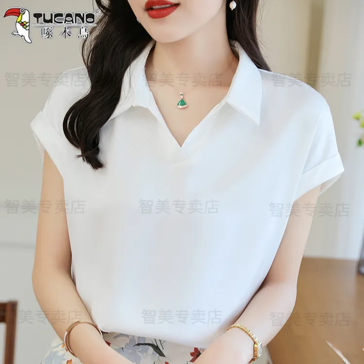 啄木鸟夏t恤领短袖半袖V职业法式打底翻领设计感上衣衬衣妈妈装