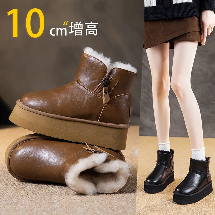 羊毛防水雪地靴女款内增高10cm厚底松糕小码雪地棉鞋加厚棉靴子