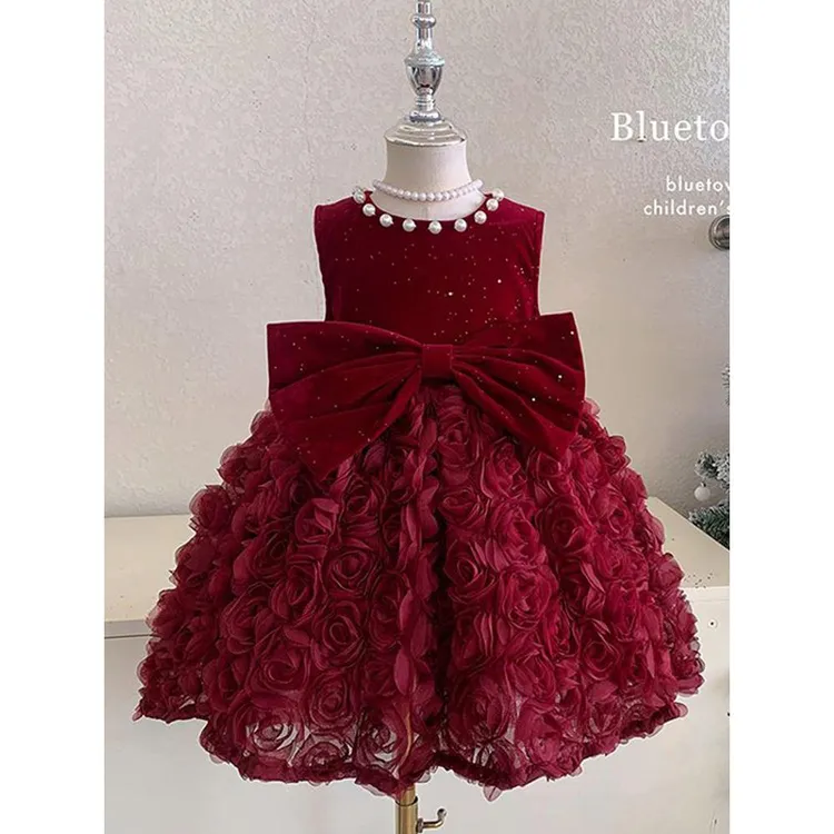 女童连衣裙加绒冬季公主裙洋气儿童裙子新年衣服红色丝绒背心裙