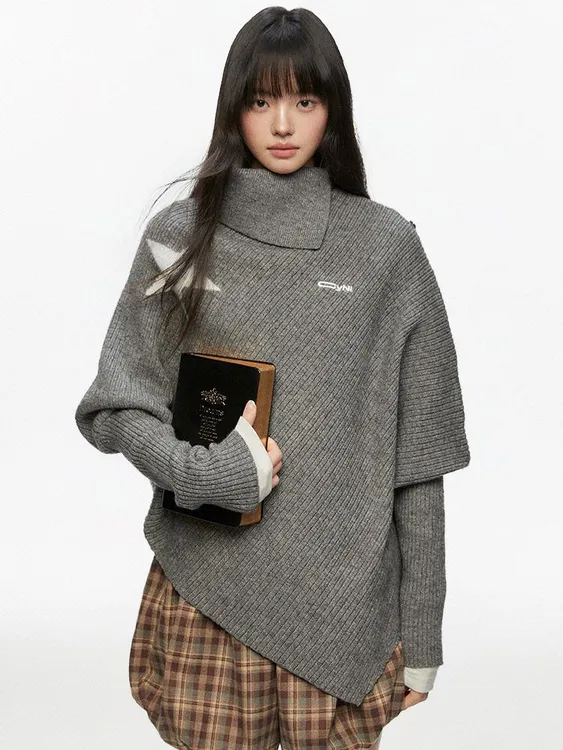 2025秋季不规则设计感宽松小众斗篷高领星星毛衣披风针织衫女