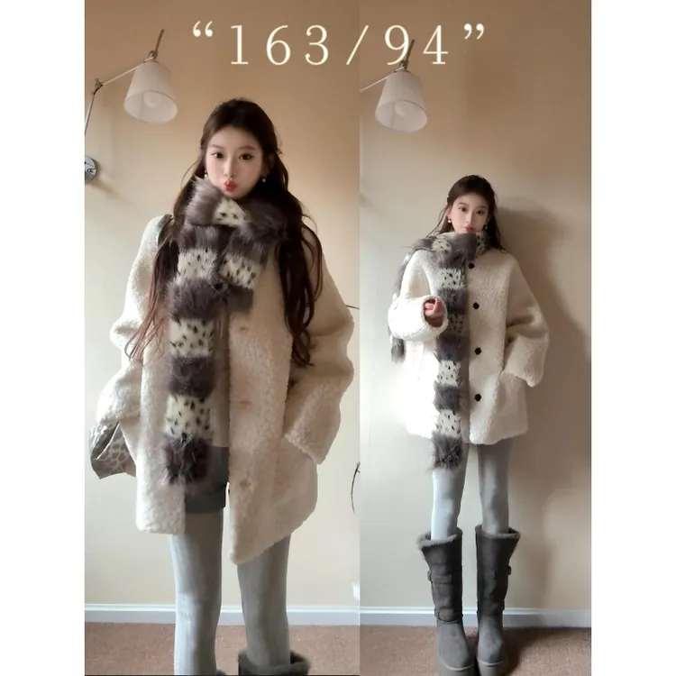 MARIE.COCO2025秋冬新款韩系小香风毛绒中长外套豹纹皮草拼接围巾