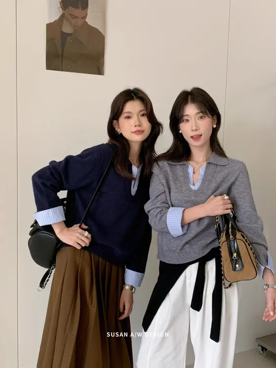 秋季2025韩新款时尚设计感拼接条纹撞色假两件针织衫保暖毛衣上衣