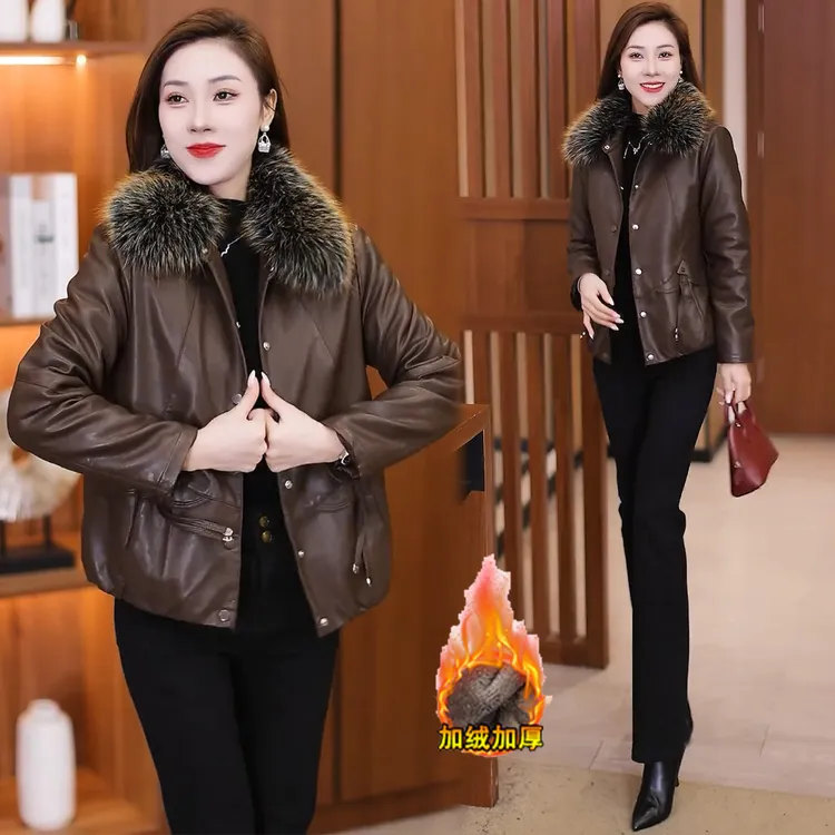 拉夏贝尔时尚翻领短款皮衣外套女2025秋冬款洋气百搭宽松加绒上衣