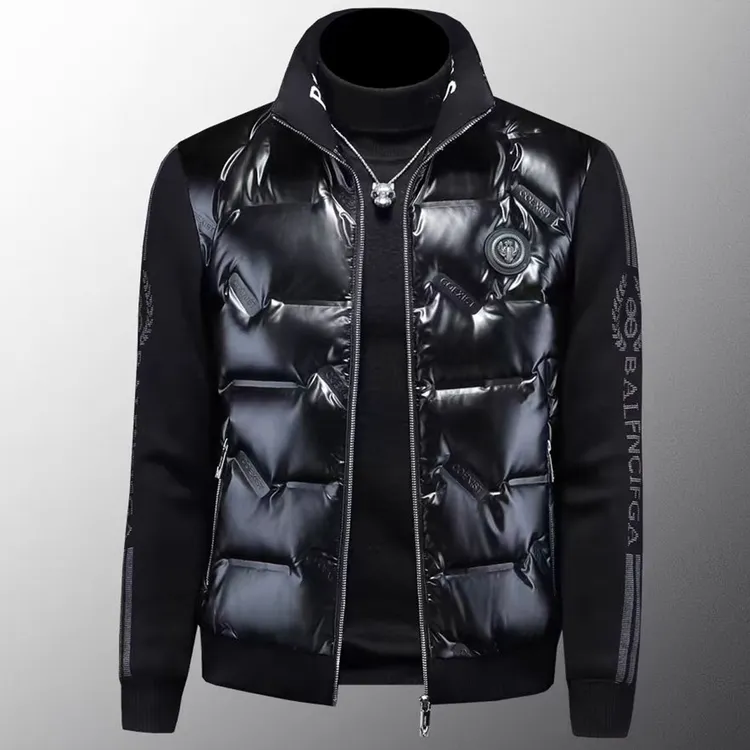 2025冬季男士羽绒服立领短款针织袖上衣中青年潮流男亮面保暖外套