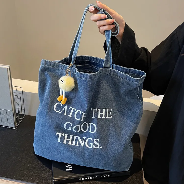 复古美式牛仔帆布包大容量单肩包休闲字母通勤手提包新