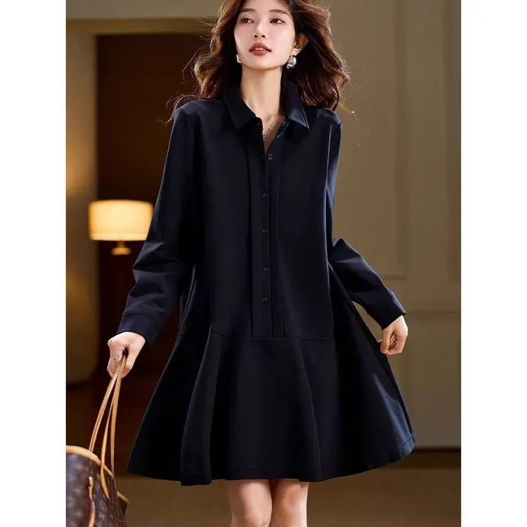 黑色POLO领连衣裙女2025春秋季新款休闲宽松气质显瘦中长款裙子